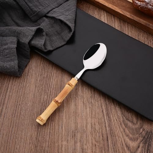 Dessert Spoon Set with Bamboo Handle, 8-Piece Stainless Steel Shiny Silver Dessert Spoon, Natural Bamboo Cutlery, Creative Design Small Spoons for Home Restaurant, 6.65 inch, Handcrafted - color: 8-Piece Dessert Spoon