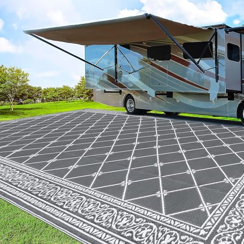 Outdoor Rug 9'x18' for Patios Clearance, Reversible Outdoor Plastic Straw Waterproof Camping Carpet, Large Area Rugs Patio Mats for Outside RV, Camper, Deck, Porch, Beach, Picnic, Grey&White - color: Classic Grey, size: 9' x 18' (Rectangular)