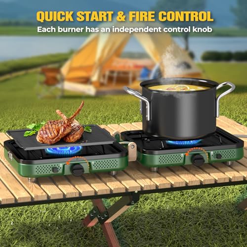 2 Burner Camping Stove, 20000 BTU Propane Camp Stove Portable Folding Gas Travel Stove Camping Essentials Gears Includes Grill,Carrying Bag, Adjustable Burners & Piezo Ignition for Tailgating,BBQ,Camp