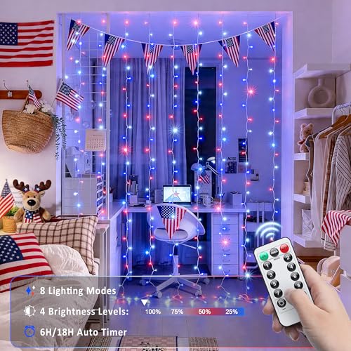 JMEXSUSS 300LED Red White and Blue Lights with Remote, 4th of July Lights Plug in, Patriots Curtain Hanging String Lights for Bedroom Wall Window Backdrop Indoor Outdoor 4th of July Decor, 9.8x9.8ft - color: Red White and Blue, size: 300 LED