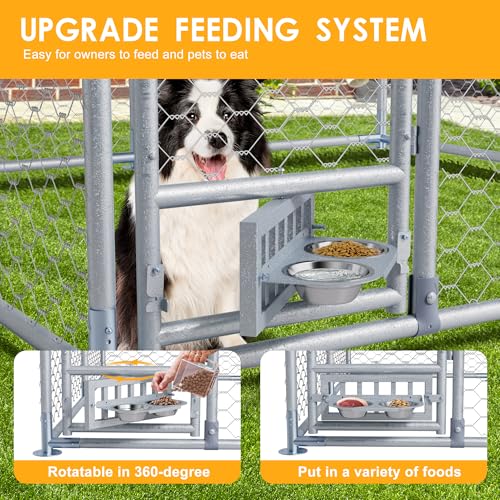 7.5 FT Large Outdoor Dog Kennel with Roof, Dog Enclosure w/Rotating Feeder, Heavy Duty Dog Run Playpen with 2 Stainless Bowls, Galvanized Pet House w/Secure Lock, Wateproof Cover - size: 90"×90"×63"-w/rotating feeders