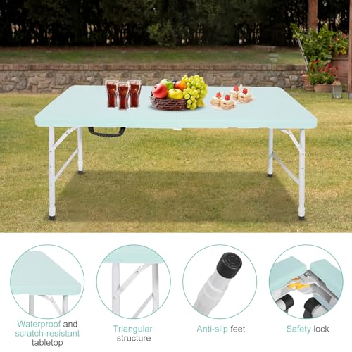 Portable 4Ft Folding Table, Heavy Duty Plastic Fold-in-Half Utility Foldable Table, Adjustable Height Plastic Folding Table with Carrying Handle for Camping &Party Indoor/Outdoor (Light Blue) - color: Light Blue, size: 4Ft