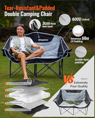 KingCamp Oversized Double Camping Chair, Heavy Duty 880lbs with Padded Seat & Cup Holders, 2 Person Loveseat Perfect for Outdoor Sports Family and Couples, Ideal for Lawn and Backyard, Black/Grey - color: XL 2 Person Black/Grey, size: Loveseat XL