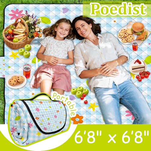 Extra Large Picnic Blanket Waterproof,80"x 80"Foldable Machine Washable Beach Blankets,Outdoor Blanket for 6-8 Adults,Picnic Mat Suitable for Indoor Crawling,Park Beach,Camping,Hiking,Travel( Flower) - color: Blue Flower, size: 6'8" x 6'8" (Square)