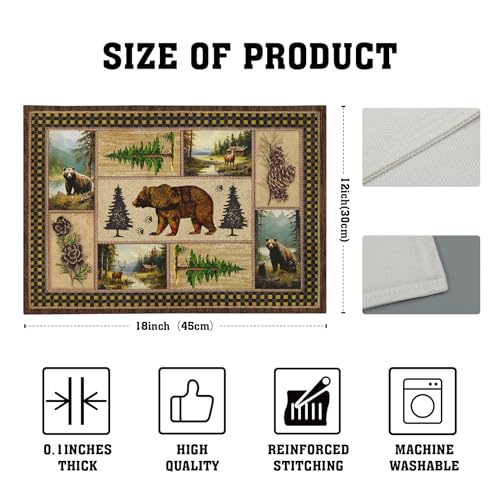 Rustic Lodge Bear Deer Placemats 4 Pcs, Vintage Cabin Pine Cone Plaid Place Mats, Heat Resistant Non Slip Cotton Linen Dining Table Mats Home Kitchen Decor, 18 x 12 Inch - color: Bear Cabin