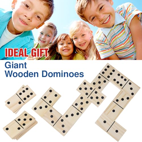 GOTHINK Giant Wooden Dominos Set for Adults and Kids,28pcs Jumbo Natural Wood Black-Dot Dominoes Tiles for Birthday/Holiday Family Party Games,Outdoor Camping Lawn and Backyard Activities 2-4 Players