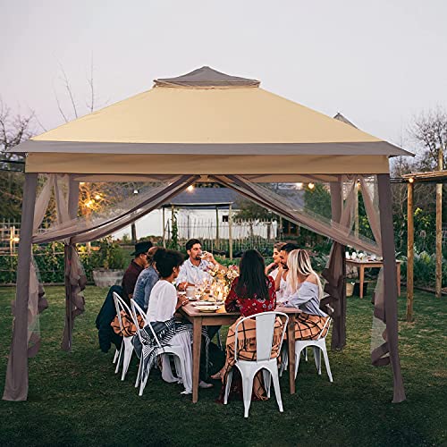 11x11 FT Gazebo Tent, Outdoor Tents for Parties with Mosquito Netting, Folding Heavy Duty Height Adjustable Canopy Tent for Patio Backyard Garden (Brown) - color: Brown