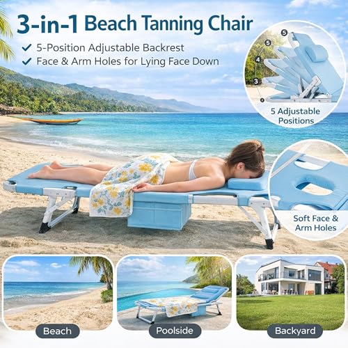ABORON 4-in-1 Lounge Chair with Face & Arm Holes for Tanning, 440LB Heavy-Duty Folding Recliner with Plush Cotton Cushion, No Assembly Tri-Fold Guest Bed for Sunbathing, Poolside, Office Nap & Camping - color: Azure Seablue
