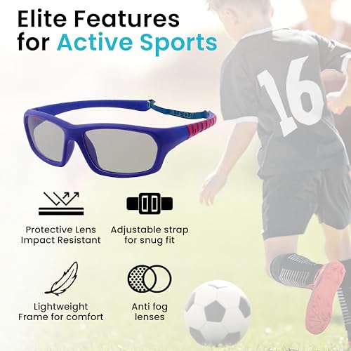 BLUE CUT Kids Sports Protection Goggles – Photochromic Safety Glasses for Children, Basketball, Baseball & Outdoor Sports - color: Navy/Wine Photochromic-kids Size