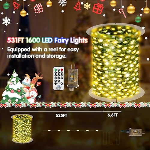 KNONEW 532FT Outdoor Christmas Fairy Lights Plug in,1600 LED String Lights Outdoor Waterproof 8 Modes Memory Times for Wedding Bedroom Walls Garden Trees Decoration(Warm White) - color: Warm White, size: 532FT 1600 LED Green Wire