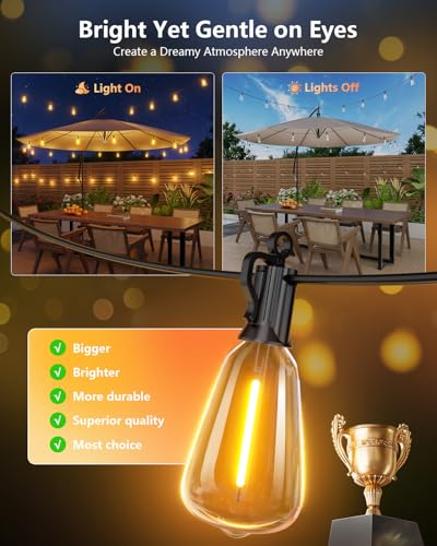 Brightown 100FT Solar String Lights Outdoor Waterproof with Remote, 31+2 LED Shatterproof Bulbs, Dimmable & Timable, 3 Light Modes - Commercial Grade Patio Lights for Garden Backyard Party Decor - size: 100ft(31 Sockets)