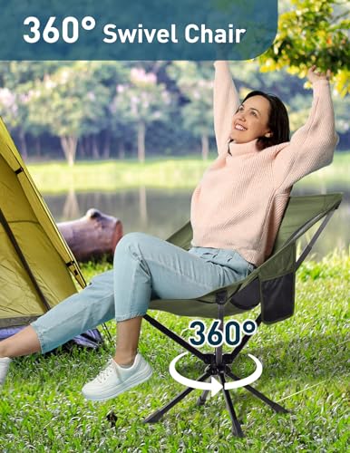 Docusvect Swivel Portable Camping Chair for Adults, Fast Setup, Lightweight & Small Folding Chair with Cup Holder, Side Pocket and Carry Bag - Support 330 LBS - color: Moss