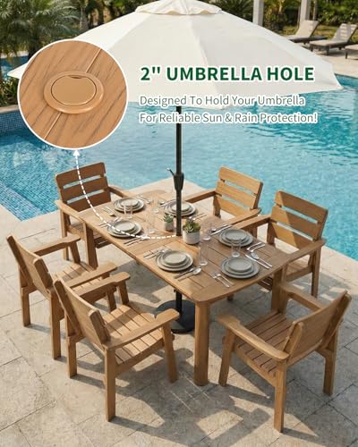 Outdoor Rectangle Dining Table with Rounded Edge, 67" All-Weather HIPS Patio Table for 6, Outdoor Furniture with Umbrella Hole, Ideal for Garden, Poolside, Backyard, Deck, Teak - color: Teak, size: 1 Table