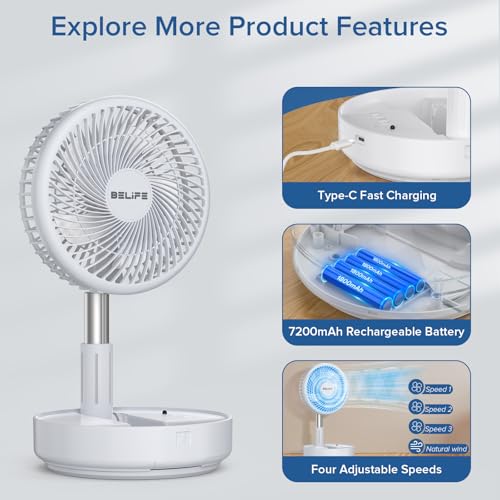 Belife X8 Portable Fan, Cordless 7200mAh Battery Operated Oscillating Fan, USB Rechargeable Desk Floor Fan with Remote, Foldable Telescopic Fan for Home Bedroom Sleeping Office Camping Travel (White) - color: White, style: Oscillating