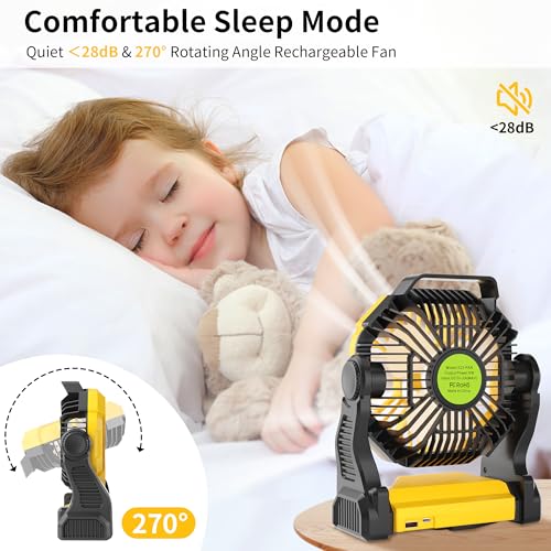 Portable Camping Fan Cordless Battery Powered，270° Rotating Portable Battery Operated Rechargeable Fans, 360° Hanging Hook, USB Personal Outdoor Camping Fans for Tents,Travel X23 Yellow - color: Yellow