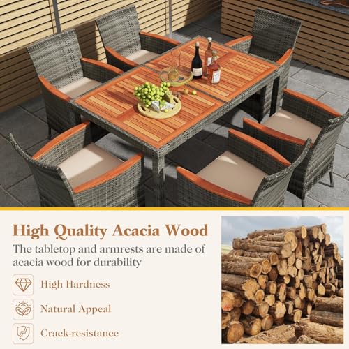 HAPPYGRILL 7 Piece Patio Rattan Dining Set Outdoor Wicker Chair & Table Set, Acacia Wood Tabletop & Armrests, Seat Cushions Included, Space-Saving Dining Set for Poolside Backyard Garden - color: Mix Grey & Beige