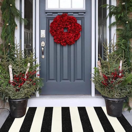 LEEVAN Black and White Striped Door Mat 2'x4' Washable Front Porch Rug Cotton Woven Reversible Rugs Farmhouse Black Outdoor Rug Indoor/Outdoor Welcome Doormat White Entryway Throw Rugs - color: Black and White Stripes, size: 2' x 4'3" (Rectangular)