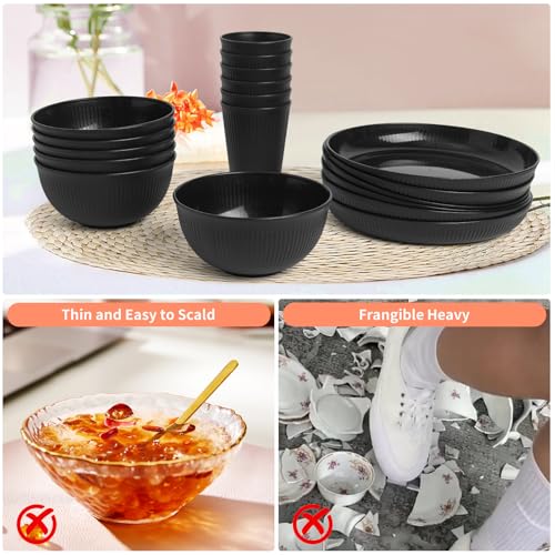 DAPIPIK 36 Pcs Lightweight Black Wheat Straw Dinnerware Set - Unbreakable Dishes for Kitchen & Camping | Microwave Dishwasher Safe - color: Black