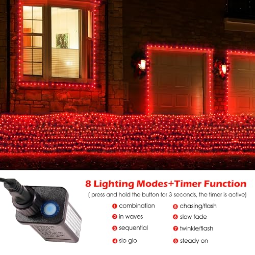 BlcTec Outdoor Christmas Lights 200 LED 8.4ft x 5.2ft Christmas Net Lights with 8 Modes, UL Certified, Timer, Connectable, Waterproof for Trees, Bushes, Shrub, Yard Outdoor Holiday Decorations, Red - color: Red, size: 200LED