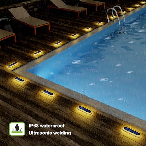 DetarZinLED Solar Step Lights Outdoor Waterproof LED, 4 Pack Warm White Flat Solar Powered Deck Lights for Outside, Stick on Light Bar for Stair, Dock, Patio, Garden, Path, Walkway, Driveway, Porch - size: 4pcs Warm White Bar