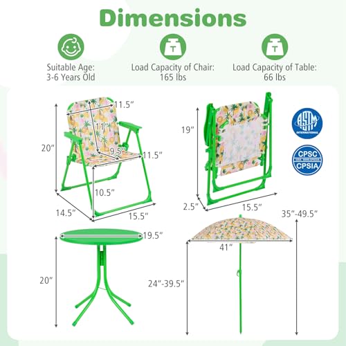 KOTEK Kids Picnic Table with Umbrella, Outdoor Table & 2 Folding Chairs, Cute Pattern Children’s Patio Furniture, Portable Kids Table and Chair Set for Backyard, Garden, Beach (Green Forest) - color: Green Forest