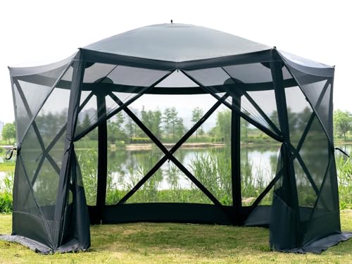 EVER ADVANCED Pop Up Gazebo Screen House Tent for Camping 11.5 ft for 8-10 Person Instant Canopy Shelter with Netting Portable for Outdoor, Backyard - color: Black