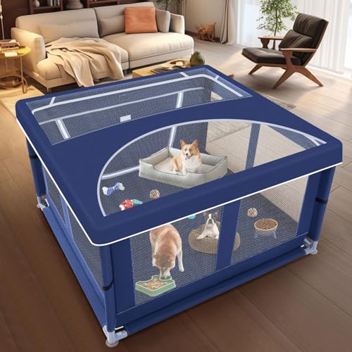 XVISHX 42x42 Inch Puppy Playpen with Cover, Dog Playpen for Puppies or Small Dogs, Pet Fence for Indoor & Outdoor, Sturdy Safety DogPen with Thickened Fabric, High-Strength Nylon Wire Mesh, Blue - style: 42x42 IN With Cover