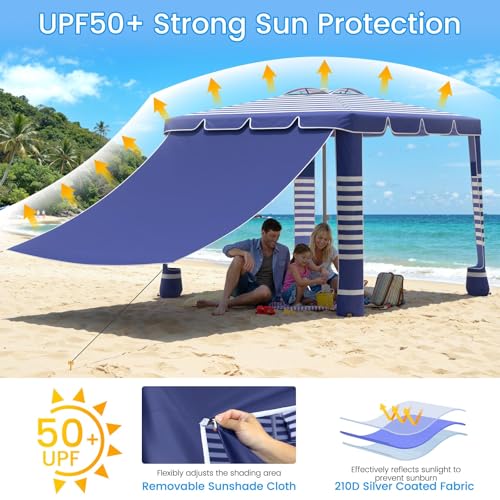 MoKo Beach Cabana,120 Sq. Ft. Large Beach Canopy Tent Sun Shade, UPF 50+ Protection Easy Setup Beach Tent, Adjustable Height Wind Resistant Cabana Sun Shelter for Whole Family, Navy Stripes