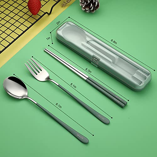 DEVICO Portable Utensils, Travel Reusable Silverware Flatware Set for Lunch, 18/8 Stainless Steel 4-Piece Camping Cutlery Include Fork Spoon Chopsticks with Case (Green) - color: Green