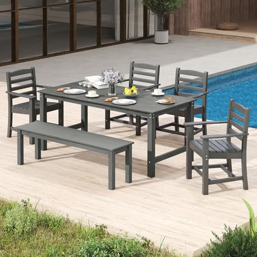 Tangkula 6 Pieces Patio Dining Bench Set, Outdoor HDPE Weather Resistant Table and Chairs Set with 1.77” Umbrella Hole and Wood-Like Surface, Outside Furniture Set for Garden, Backyard (Gray, 6 Pcs) - color: Grey, size: 6 Pcs