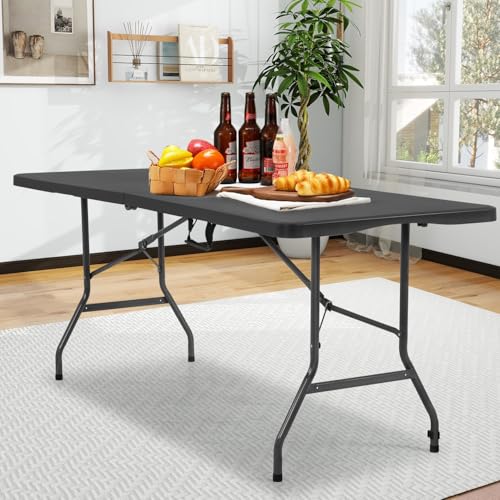 PayLessHere 6ft Folding Tables,Plastic Resin Table with Collapsible Alloy Steel Frame,Plastic Table for Indoor,Outdoor,Camping,BBQ,Picnic,Black - color: Black, size: 6 FT