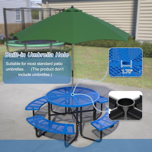 46-inch Blue Round Outdoor Picnic Table with Umbrella Hole Heavy Duty Coated Steel Metal Patio Dining Set for Garden, Courtyard, BBQ & Commercial Use - color: Blue-round