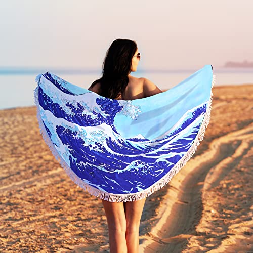 Violet Mist Blue Sea Wave Round Beach Blanket 60" Soft Microfibre Circular Beach Towel Throw with Fringe Large Sand Free Circle Beach Blanket with Tassels for Women Travel Swimming Pool Picnic Towel - color: Blue Sea Wave