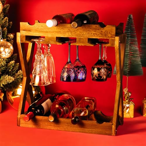 3-IN-1 Countertop Wine Rack with Glass Holder – Store 8 Bottles, 6 Stemware Glasses and Wine Tools | Durable Wooden Wine Bottle Holder | Elegant Home Decor for Kitchen, Dining, and Living Room