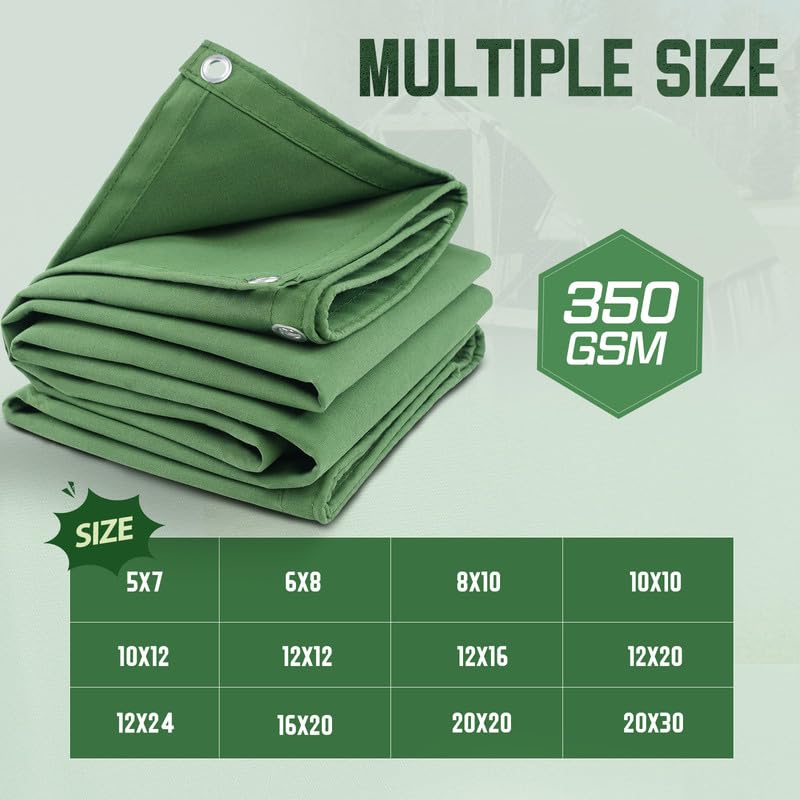 20x30 Canvas Tarp 350GSM Green Super Heavy Duty Canvas Tarps with Rustproof Grommets, 12 oz Durable & Multipurpose Outdoor Tarpaulin for Camping, Patio, Canopy Tent, Trailer Equipment & Woodpile Cover - size: 20x30