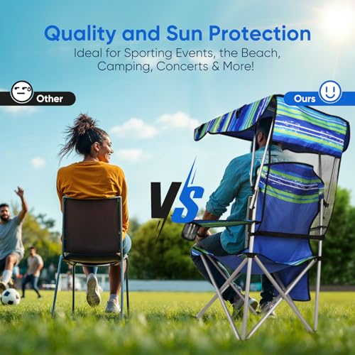 VTOY Portable Camping Chair with Canopy - Folding Chair with Canopy, Durable 600D Oxford Canopy Chair for Camping, Beach, Picnics, Fishing & Sports - color: 1pack Stripe Green