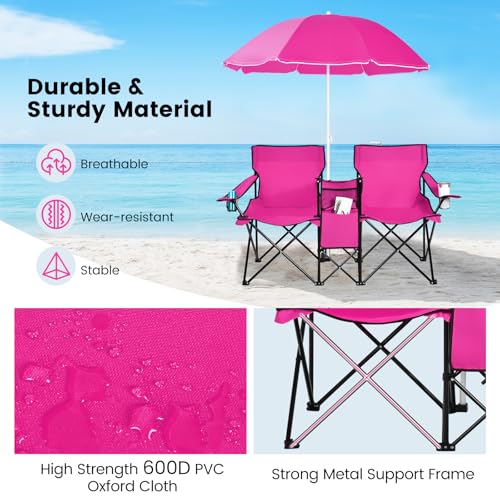 COSTWAY Double Portable Picnic Chairs, Folding Camping Chairs w/Detachable Umbrella, Cooler Bag, Cup Holders, Patio Beach Camping Chairs for Outdoors, Pink - color: Pink