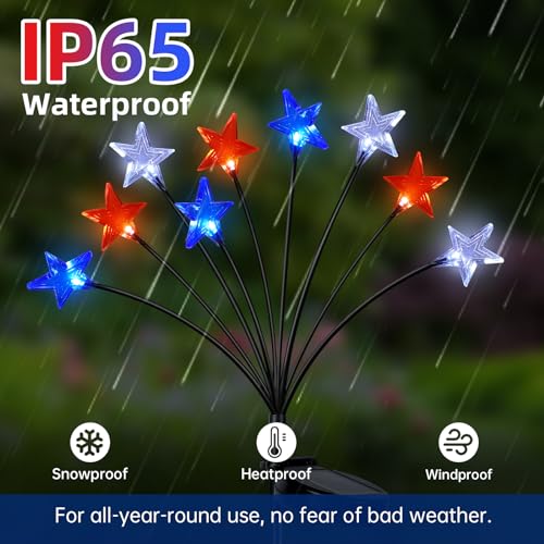 Lewondr 4th of July Decorations Solar Garden Lights, Fourth of July Red White and Blue Star Solar Lights Outdoor, Waterproof Patriotic Decor with 9 LED 2 Lighting Modes for Independence Day, 4 Pack - size: 4 Pack, style: 3-Color Star