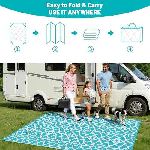 HEBE Outdoor Rug Waterproof 5x8, Plastic Straw Rug Camping Rug, Reversible Outdoor Patio Rugs RV Mat Clearance, Indoor Outside Floor Carpet for Porch,Deck,Camper,Balcony,Backyard - color: Teal, size: 5' x 8' (Rectangular)