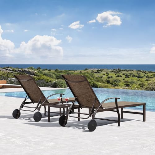 PURPLE LEAF Outdoor Chaise Lounge Chair Set of 3 Patio Pool Lounger Aluminum Chairs with Side Table and Wheels Adjustable Tanning Recliner for Outside Backyard Yard Deck Balcony Beach Brown - color: Brown, size: 2 Chairs with Wheels & 1 Table