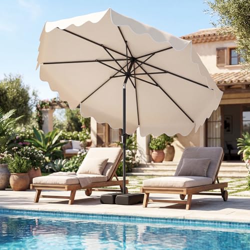 Tangkula 9 FT Patio Umbrella with Base Included, 2-Tiers Outdoor Scalloped Table Umbrella with 2 Sandbags, Tilt Adjustment, Crank, 8 Ribs for Market Backyard Pool Deck Beach Lawn - color: Beige, size: 9 FT