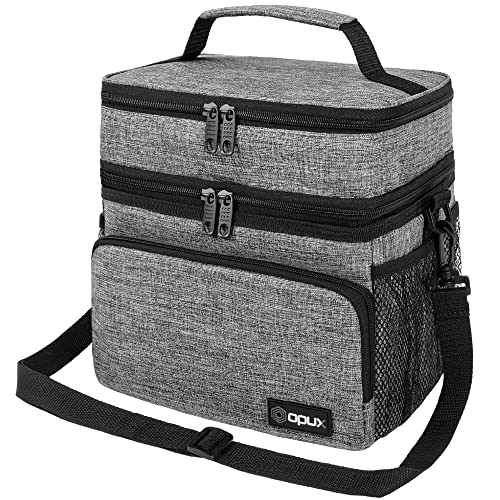 opux Insulated Lunch Bag for Men Women, Large Dual Compartment Cooler Bag, Soft Two Deck Lunch Box for Work School Picnic, Leakproof Lunch Tote with Shoulder Strap for Kid Adult (Gray, Double Deck) - color: Heather Gray, size: Double Deck