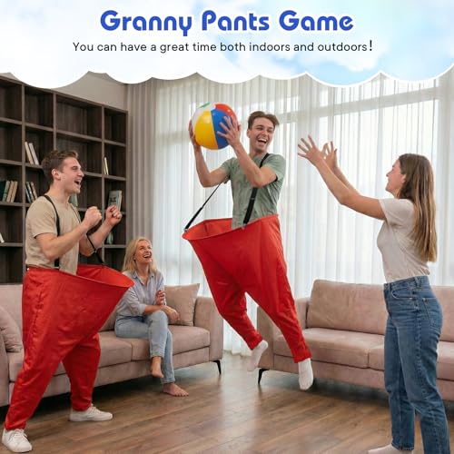 2 Pcs Granny Pants Yard Game with Suspenders, 16 Bouncy Balls & 2 Pumps - Hilarious Outdoor Party Game for Adults, Kids, Family Reunions & Field Days