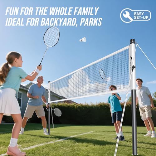 Professional Badminton Set with Carbon Fiber Badminton Rackets Set of 4, Outdoor Portable Badminton Net with Anti-Sag Winch System, 4 Nylon Badminton Shuttlecocks and Bag - color: B-White