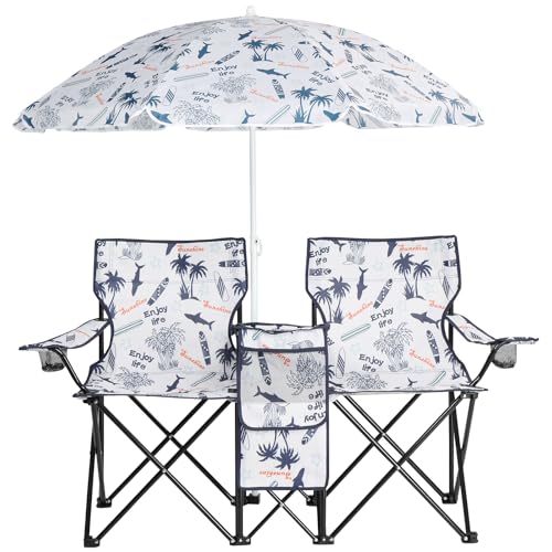 Double Folding Camping Chair W/Umbrella Fold Up Table Beverage Holder Carrying Bag Cooler for Patio Pool Park Outdoor Beach, Picnic, Portable (Coconut) - color: Coconut