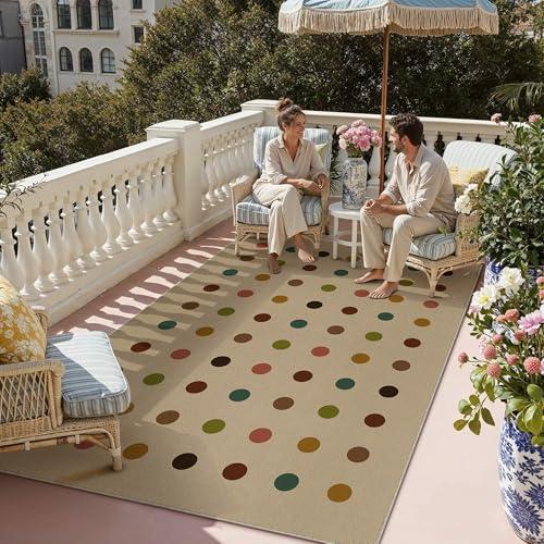 HUGEAR 5x7 Jute Outdoor Indoor Rug Washable Geometric Linen Textured Weave High Traffic Stain Resistant Non Slip Durable Carpet for Livingroom Patio Deck Balcony Courtyard (Rainbow, 5' x 7') - color: Rainbow Polka Dots, size: 5'x7' (Rectangular)