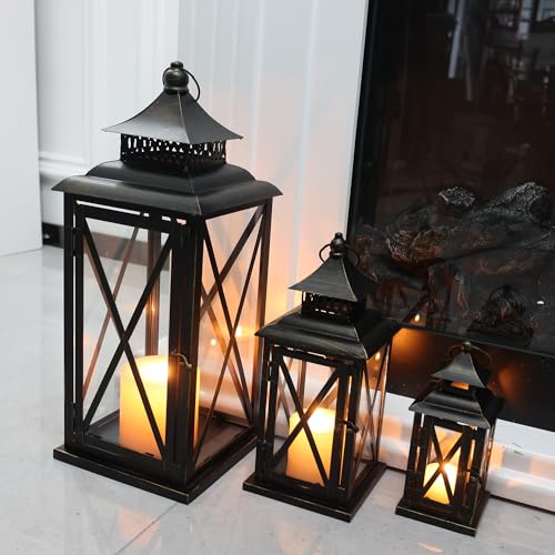 3PCS (20’’&13’’&9’’) Lanterns Decorative Indoor & Outdoor, Vintage Metal Frame Candle Holders for Front Porch, Patio, Pathway, Balcony, Garden, Yard Decor, Halloween Christmas Decorations - color: Black / 20’’&13’’&9’’ / 3 Pcs