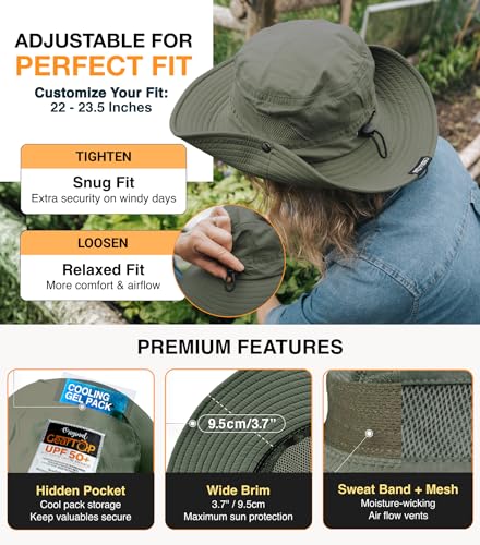 GearTOP Safari Hat for Men Sun Hats for Women UV Protection UPF 50+ Fishing, Gardening, Hiking Hat (22-23 1/2") - color: Army Green Standard