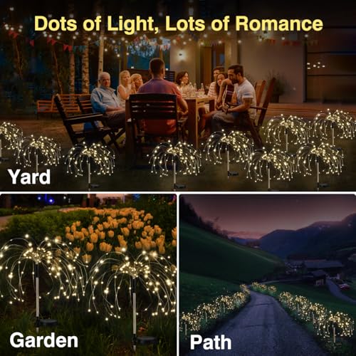 Lewondr Firework Solar Garden Lights 4 Pack, 120 LED Solar Firework Lights with 8 Lighting Modes, Waterproof Sparkler Starburst Solar Lights Outdoor for Yard Porch Patio Backyard, Warm - size: 4 Pack, style: Firework Warm White Light