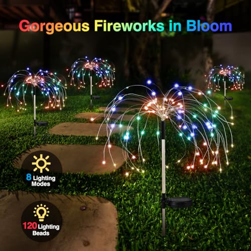 Lewondr Firework Solar Garden Lights, 120 LED Solar Firework Lights with 8 Lighting Modes, Waterproof Sparkler Starburst Solar Lights Outdoor for Yard Porch Patio Backyard Decor Present, 4 Pack - size: 4 Pack, style: Firework Colorful Light